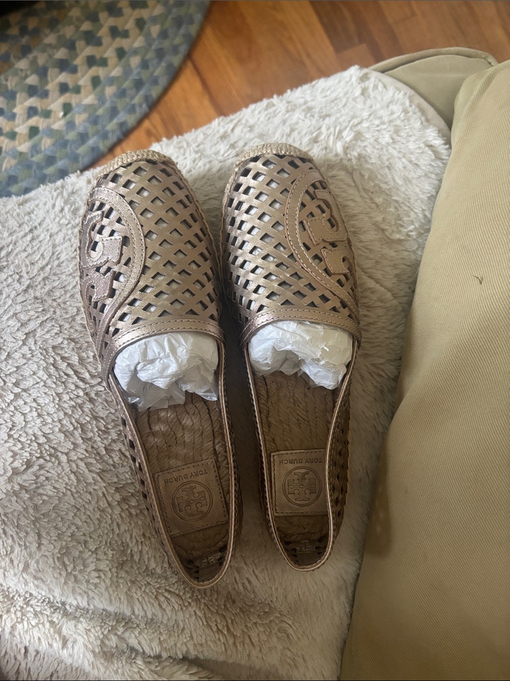 Tory Burch Rose Gold Perforated Logo Slip-On Flats